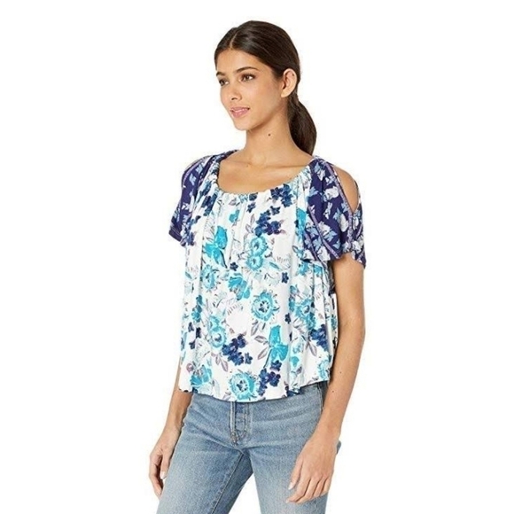 Free People Blue Floral Boho Baja Babe Open Tie Back Cold Shoulder Flowy Top XS - Picture 6 of 9